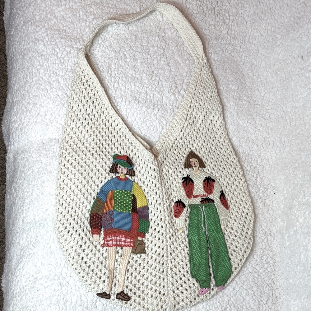 Boho Cream Strawberry people crochet tote‎ bag